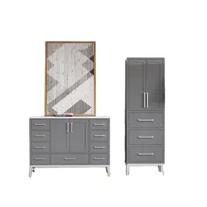 living room modern wooden storage side cabinet with 2 door 5 drawer ,simple style gray washed wood tall cabinet