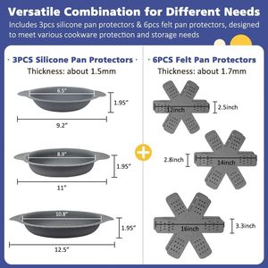3 protections de casseroles en silicone avec 6 séparateurs de casseroles en feutre pour empiler les casseroles, protections de casseroles en silicone - Product Image 2