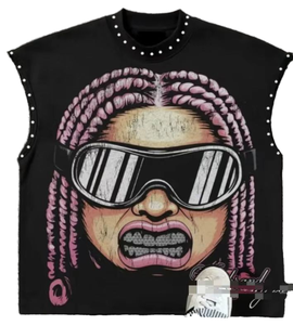Women's Black Sleeveless Tank <b>Top</b> With Pink Braided Hair And Sunglasses Print Rivet Decoration Crew Neck Hip Hop Style - Product Image 1