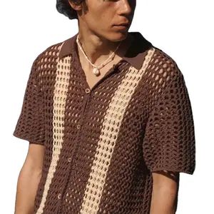 Custom Design Mens Summer Hollow Out Button Up knit sweater Short Sleeve Cardigan Knitwear Polo T-shirt Knitted crochet shirt