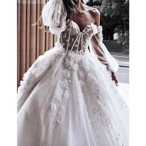 Off-כתף שרוול ארוך מתוקה Shinning חתונת שמלת תחרת applique דיסני נסיכת כלה שמלה עם נצנצים טול