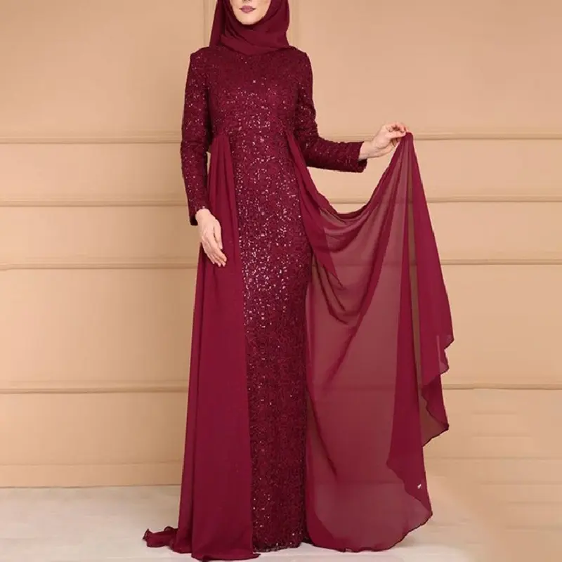 Hot Bán Hồi Giáo Quần Áo Sequin Kaftan Phong Cách Buổi Tối Prom Ăn Mặc Sang Trọng Gown Hồi Giáo Wedding Dress Với Hijab