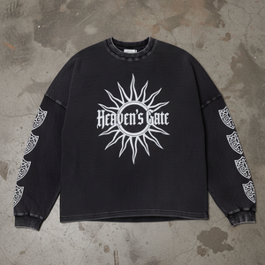 Magliette Termiche a Maniche Lunghe in Tessuto Waffle di Cotone Nero Lavato all'Acido, Design Personalizzabile con Stampa Serigrafica e Polsini a Costine - Product Image 1