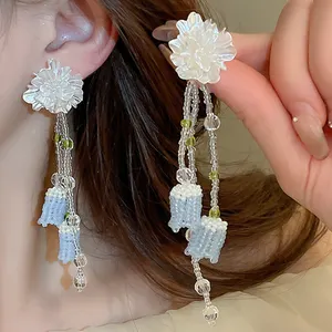 Flower Rice Bead Tassel Earrings Holiday Style Sweet and Elegant Long Earrings Small and Versatile Spring/Summer Earrings