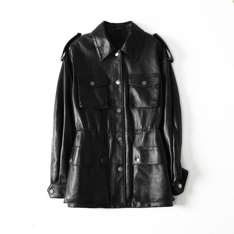 5180 Women's New Autumn and Winter Waxed Sheepskin Shirt-collar Utility-style Pocketed Single-breasted Black Leather Coat