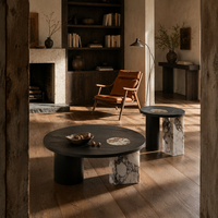 Table basse design Artisan-Fusion avec incrustation de marbre, ton bois naturel, pour salon moderne