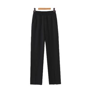 Nouveau pantalon noir tricoté grande taille pour femme avec fente, longueur au sol, N7991, en coton, pour adulte - Product Image 1