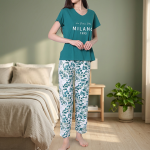 Pijamas Casuales de Moda para Mujer, Suministro ODM, Estampado Floral, 100% Algodón, Tela Jersey Suave y Lisa, Cierre Elástico en la Cintura para Verano - Product Image 3