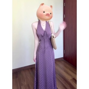 Retro Polka Dot <b>Halter</b> <b>Neck</b> Tea-Length Chiffon <b>Dress</b> for Women <b>Purple</b> Elegant Natural Waist Slimming Breathable Pencil - Product Image 2