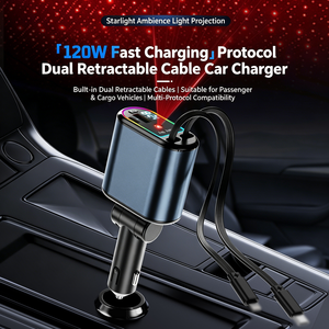 ที่ชาร์จในรถยนต์แบบพับเก็บได้ 120W 4 in <span class=keywords><strong>1</strong></span> ชาร์จเร็ว พร้อมอะแดปเตอร์ USB C และจอแสดงผลแรงดันไฟฟ้า LED Starlight ใช้ได้กับรถยนต์ทั่วไป - Product Image 3