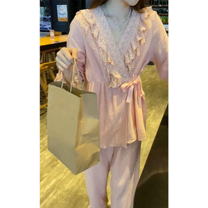 Printemps et été Section mince rétro princesse Style pyjamas dames dentelle col en v Cardigan cravate corde à manches longues lâche <span class=keywords><strong>Homewear</strong></span> deux - Product Image 6