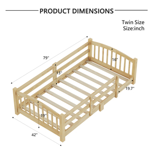 Lit au sol Montessori sans porte, taille double, en <span class=keywords><strong>bois</strong></span> massif naturel avec barrière tout autour, meubles de <span class=keywords><strong>chambre</strong></span> - Product Image 2