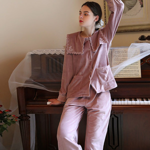 <span class=keywords><strong>Pigiama</strong></span> autunnale in <span class=keywords><strong>pile</strong></span> di visone caldo da donna abbigliamento da notte ricamato francese a tinta unita con chiusura elastica per vita termica - Product Image 5