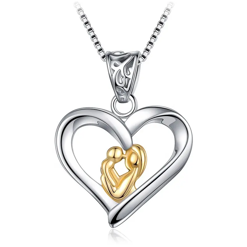 Custom 925 sterling silver mom mother and baby son heart shape pendant necklace jewelry for mother's day gift