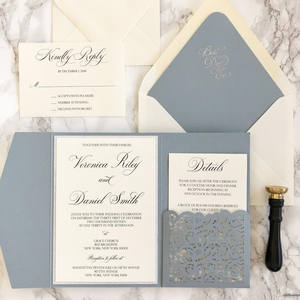 Suite d'invitation de mariage élégante à paillettes bleu poussiéreux découpées au laser à trois volets pour anniversaire Sweet 15 16 - Product Image 1