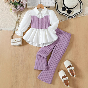 Camicetta in pizzo da donna in maglia da ragazza con <span class=keywords><strong>pantaloni</strong></span> a righe morbide, abito viola, elegante con maniche a balze, <span class=keywords><strong>pantaloni</strong></span> a zampa per bambini - Product Image 5