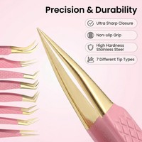 Vente en gros de pinces à épiler pour extensions de cils de haute précision en acier inoxydable, pointe en fibre or rose, imperméables, antistatiques, 10 cm