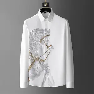 2023 Party Silk Slim Office Men Tee Dress Shirts Casual Wash And Wear Shirts Clothes Business Long Sleeve Printing Shirts
