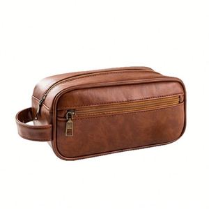 Men Vintage Pu Toiletry Bag Double Zipper Large Capacity Shaving Dopp Kit Travel Wash Bag With Hand Strap - Product Image 1