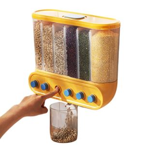 Contenedor de Almacenamiento de Alimentos Secos de 6 Compartimentos para Cocina, Dispensador de Granos de Plástico Transparente Montado en la Pared, Contenedor de Arroz y Cereales con Divisiones - Product Image 1