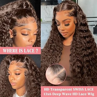 Peluca de Cabello Humano Brasileño Virgen 100% con Ondas Marrones, Encaje HD Transparente, Sin Pegamento, Pre-Desplumada para Mujer