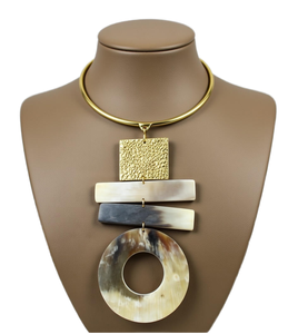 Luxury Buffalo Horn & Brass <b>Statement</b> <b>Necklace</b> Geometric Open Circle Horn Pendant Textured Gold Bar Rigid Choker Party Women's - Product Image 1