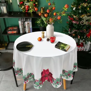 라운드 150CMR 사이즈 화이트 컬러 홀리 플라워 작은 꽃 패턴 디자인 크리스마스 스타일 폴리 에스테르 코튼 식탁보