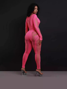 New Sexy Women's Solid Round Neck Mesh Hollow Long Sleeve Perspective Passionate Slim Fit One Piece Pants - Product Image 5