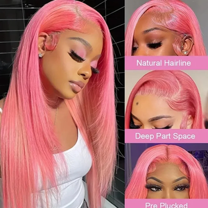 Parrucca anteriore in pizzo rosa per capelli umani da donna lunghi lisci personalizzati colorati rosa capelli umani HD chiusura in pizzo trasparente parrucche - Product Image 5