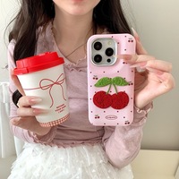 Étui de téléphone portable en peluche broderie cerise pour iphone 13 Pro max étui 15 étui de protection en cuir accessoires mobiles 2024