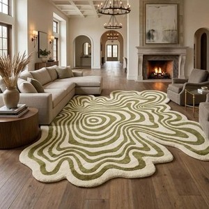 Alfombra de lana verde marfil de estilo orgánico moderno |   Alfombra de área de forma irregular hecha a mano |   Alfombra de Primera Calidad para Decoración de Sala de Estar y Dormitorio - Product Image 4