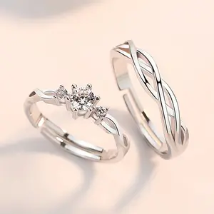 欧美时尚可调仿真钻戒925银色空心树枝锆石结婚戒指情侣套装