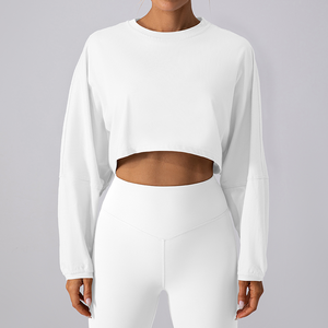 <span class=keywords><strong>Sudadera</strong></span> Deportiva Corta de Alta Calidad, Cuello Redondo, Corte Holgado, 220G, para Yoga y Running - Top de Manga Larga para <span class=keywords><strong>Mujer</strong></span> - Product Image 4