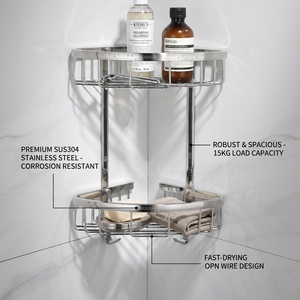 Étagère de douche d'angle à 2 niveaux en chrome, organisateur de rangement de salle de bain en acier inoxydable, design minimaliste et gain de place - Product Image 2