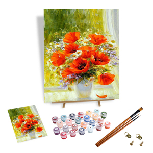 Kit de peinture par numéros, style peinture à l'huile vintage, coquelicots rouges disposés dans un vase blanc, kit de peinture sur <span class=keywords><strong>toile</strong></span> DIY, décoration d'intérieur - Product Image 1