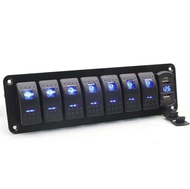 7 Gang Waterproof Marine Boat Switch Panel 12V Digital Voltmeter Display USB Charger for Boat Car Truck RV Lighting Accessories