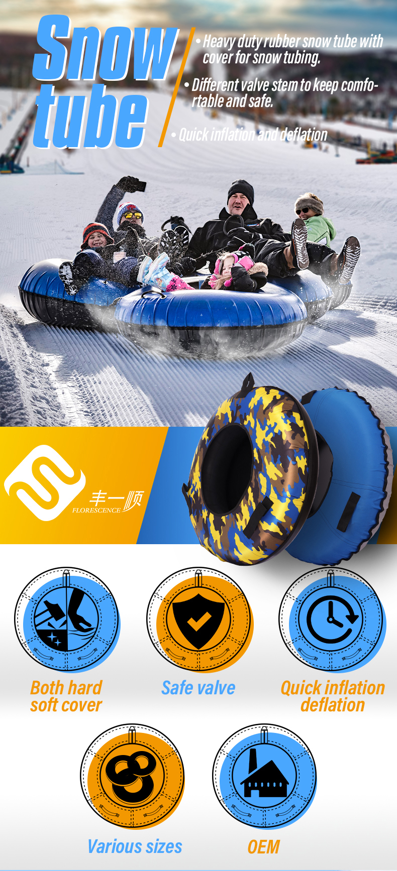 Snow Tube Practical Inflatable Hard Bottom Snow Ring Tube For Skiing