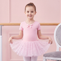 Vestido de Ballet de Algodón para Niñas, con Tutú y Leotardo, para Práctica de Danza y Actuaciones en Escenario, Manga Corta, Decoración de Lazo, Falda de Tul Brillante