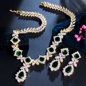 Satu Set Perhiasan Zirkon Kubik Hijau Tetes Daun Besar untuk Pengantin, Aksesori Pernikahan Dubai, Berlapis Emas 18K