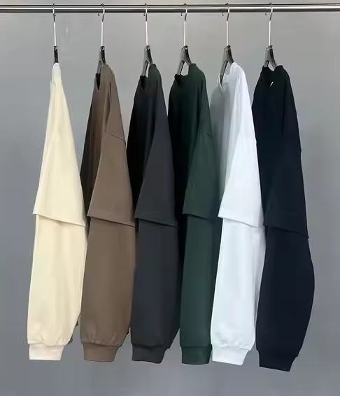 High Quality Custom Washed Men's Oversized Heavyweight Tee Double Layer Blank Long Sleeve Cotton Shirt Solid Pattern