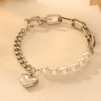 Bracelet à fermoir à bascule avec breloque cœur en perle, en acier inoxydable plaqué or PVD 18K, chaîne mixte à maillons cubains, bijoux de mode pour femme