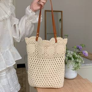 Bolso Tote de Punto de Algodón Color Caqui Off-White, Bolso de Playa de Verano con Malla Hueca Suave, para Uso Diario, con Cierre Magnético - Product Image 3