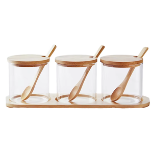 <span class=keywords><strong>Set</strong></span> di vasetti di vetro giapponese con coperchio in legno di bambù accessori per la cucina per la conservazione del succo di condimento di sale e zucchero - Product Image 1