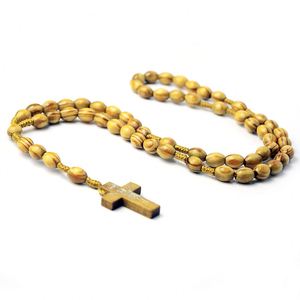 Rosario Católico de Cuentas de Madera Natural con Cruz, Cuentas de Oración con Patrón Ovalado, Rosarios Baratos al por Mayor - Product Image 2