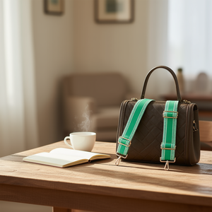 Cinghia in tessuto 5 cm verde tinta unita per borsa con ganci in metallo - Product Image 3