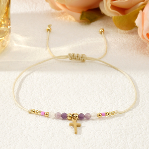 New Boho Fashion Jewelry 18k Gold Plated Stainless Steel Cross Charm Natural Stone Beads Adjustable <b>Beaded</b> <b>Bracelet</b> for Women - Product Image 4