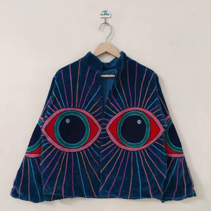Chaqueta Suzani de Terciopelo con Bordado de Ojo, Abrigo Bohemio Hecho a Mano, Chaqueta Suzani de Terciopelo Hecha a Mano con Motivo de Ojo - Product Image 1