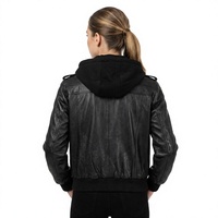 Veste bomber d'hiver pour femme en cuir véritable noir, coupe ajustée, à fermeture éclair, avec capuche, logo personnalisé OEM ODM, doublure en satin, polyester, style motard