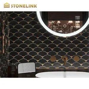 Luxury Design Black Marble Waterjet Mosaic Brass Metal Nero Marquina Marble Waterjet Mosaic Tiles