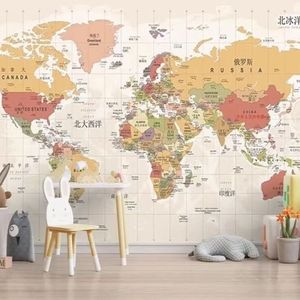 Carte du monde <span class=keywords><strong>3D</strong></span> personnalisée écologique avec animaux de dessin animé et avions, papier peint mural minimaliste pour enfants, pour salles à manger et salons - Product Image 2